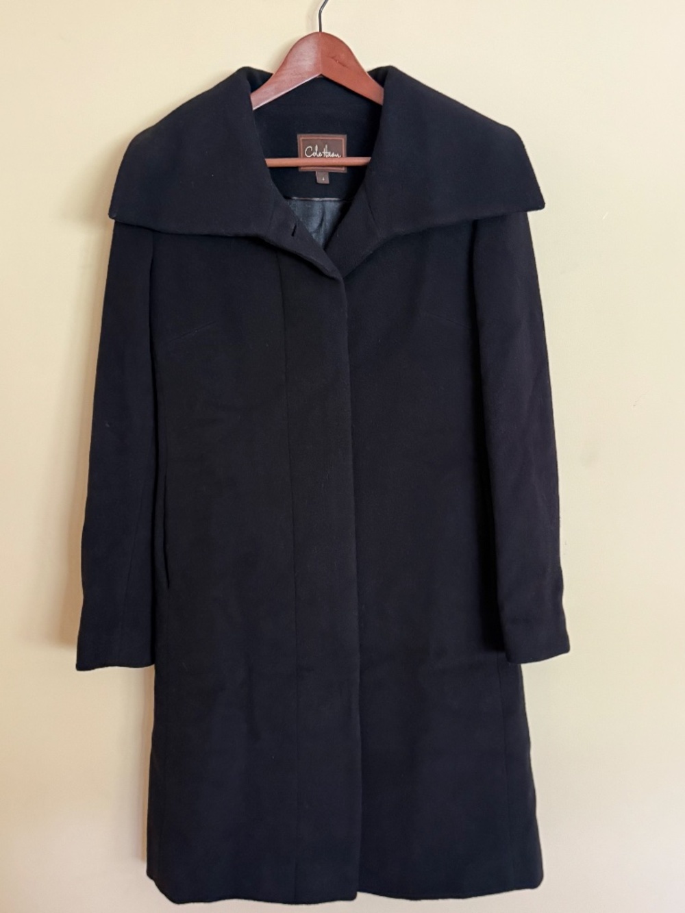 Cole Haan Black Wool Cashmere Long Coat Oversized Collar Size 4